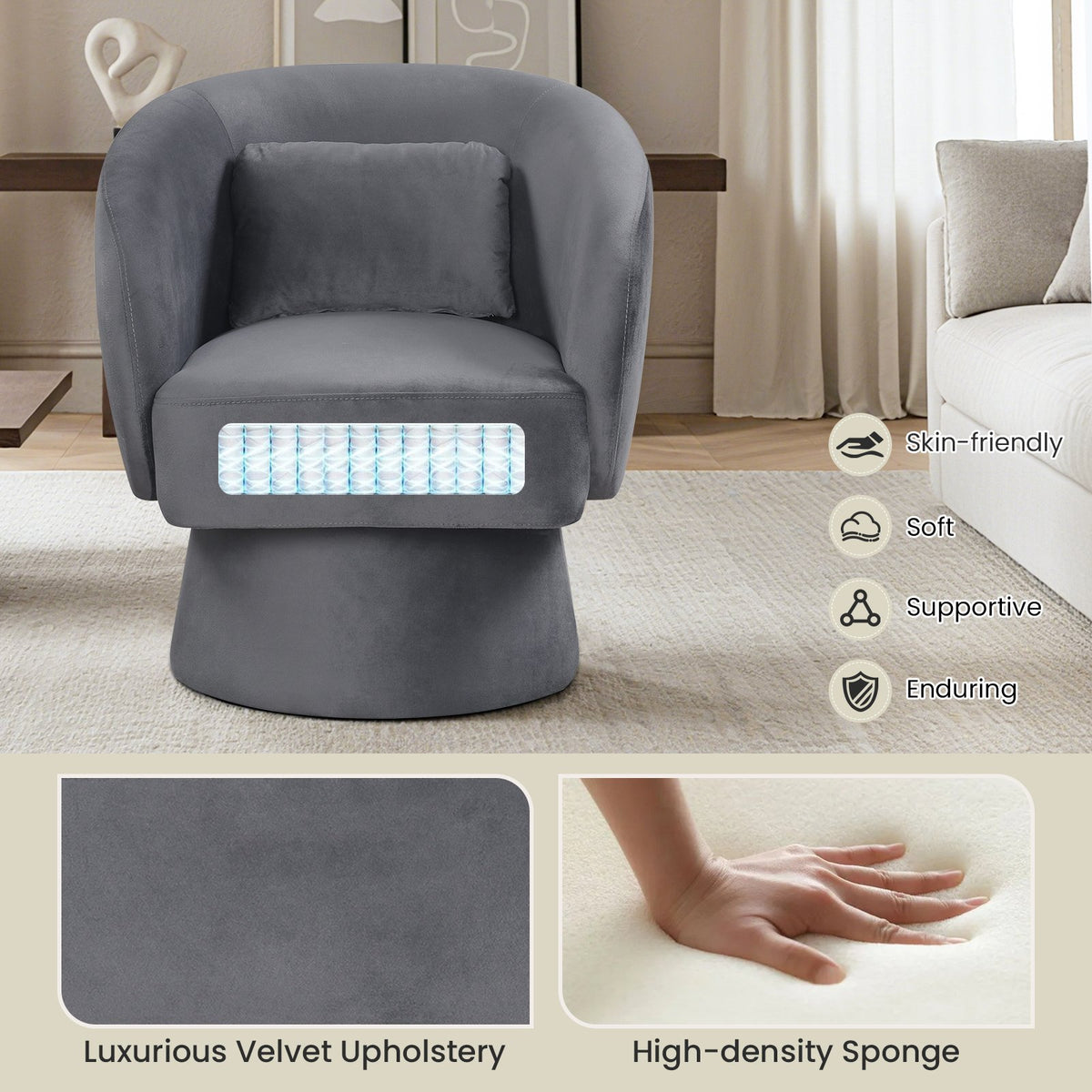 Swivel Accent Chair Upholstered Barrel Chair with Curved Back and Removable Lumbar Pillow-Gray view 6