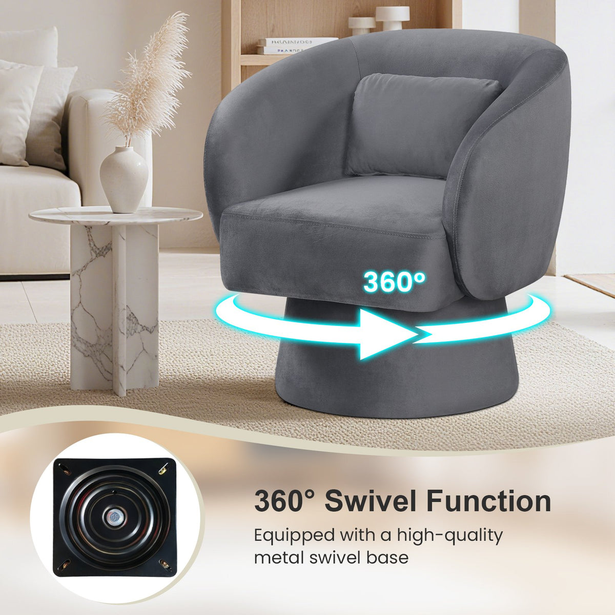 Swivel Accent Chair Upholstered Barrel Chair with Curved Back and Removable Lumbar Pillow-Gray view 7