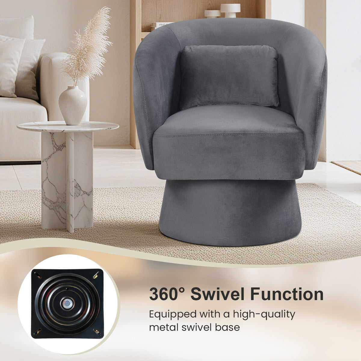 Swivel Accent Chair Upholstered Barrel Chair with Curved Back and Removable Lumbar Pillow-Gray view 8