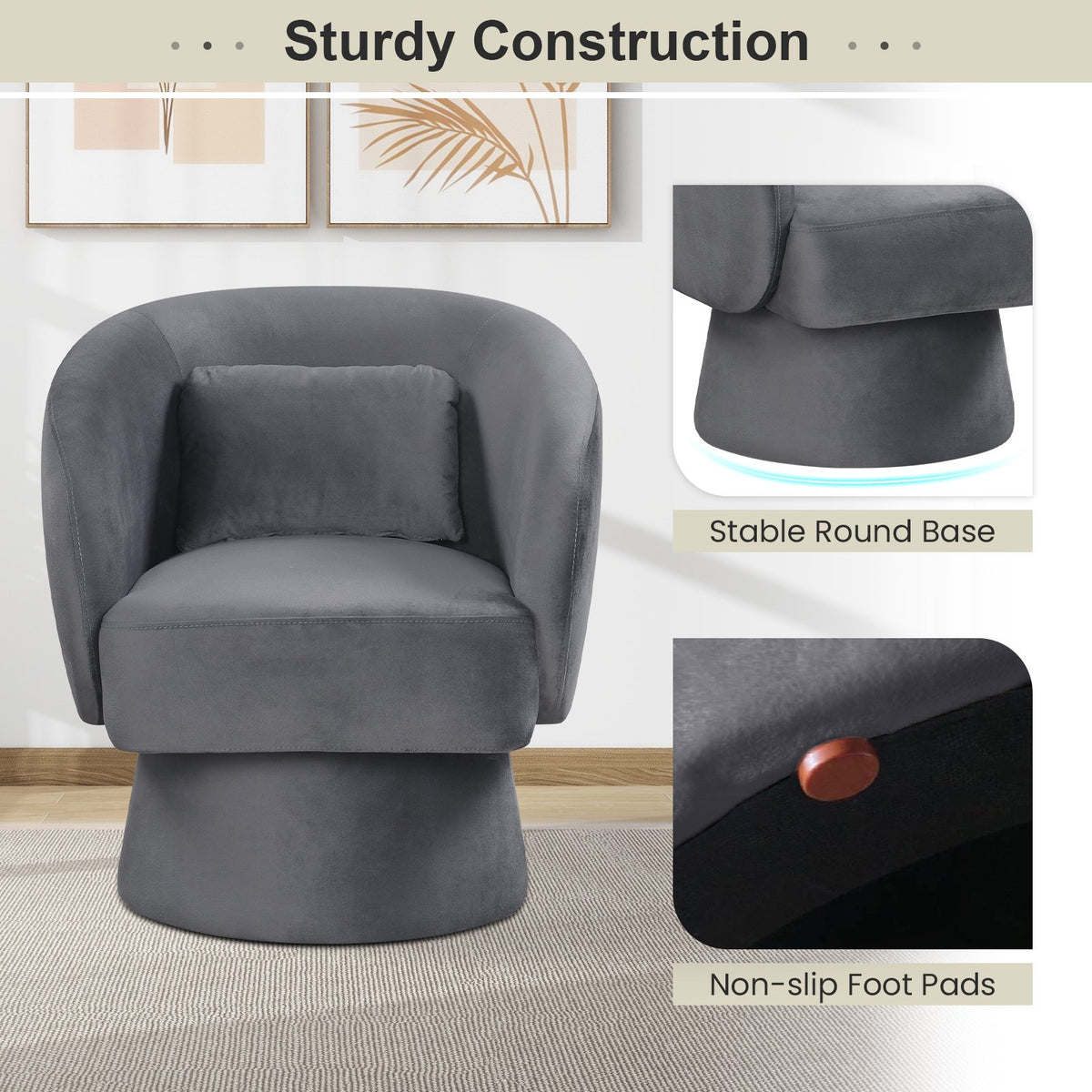 Swivel Accent Chair Upholstered Barrel Chair with Curved Back and Removable Lumbar Pillow-Gray view 9