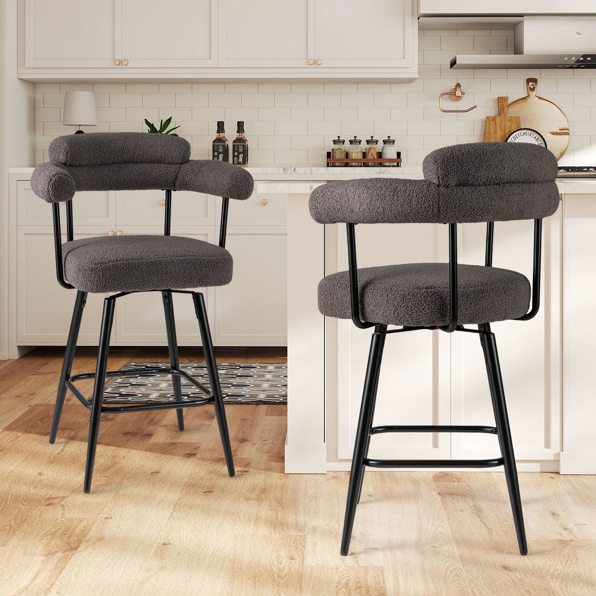 Swivel Bar Stool Set of 2 Counter Height Chairs with Curved Back and Arms-Grey view 3