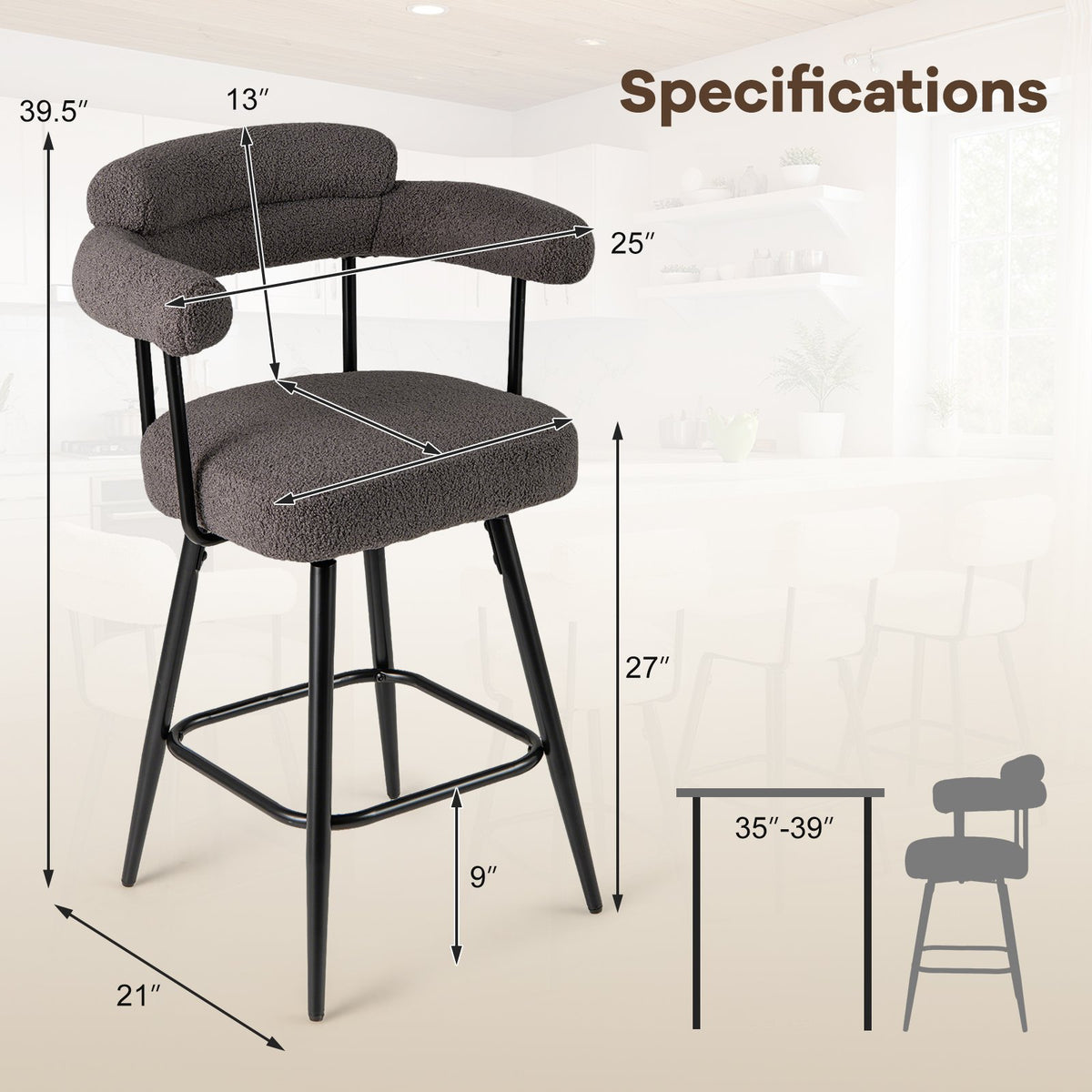 Swivel Bar Stool Set of 2 Counter Height Chairs with Curved Back and Arms-Grey view 4