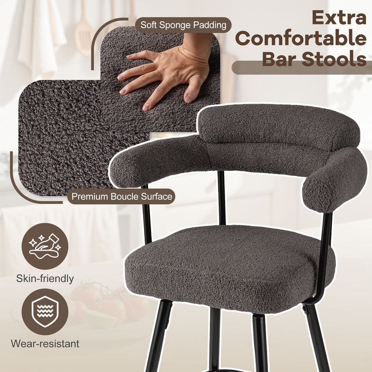Swivel Bar Stool Set of 2 Counter Height Chairs with Curved Back and Arms-Grey view 5
