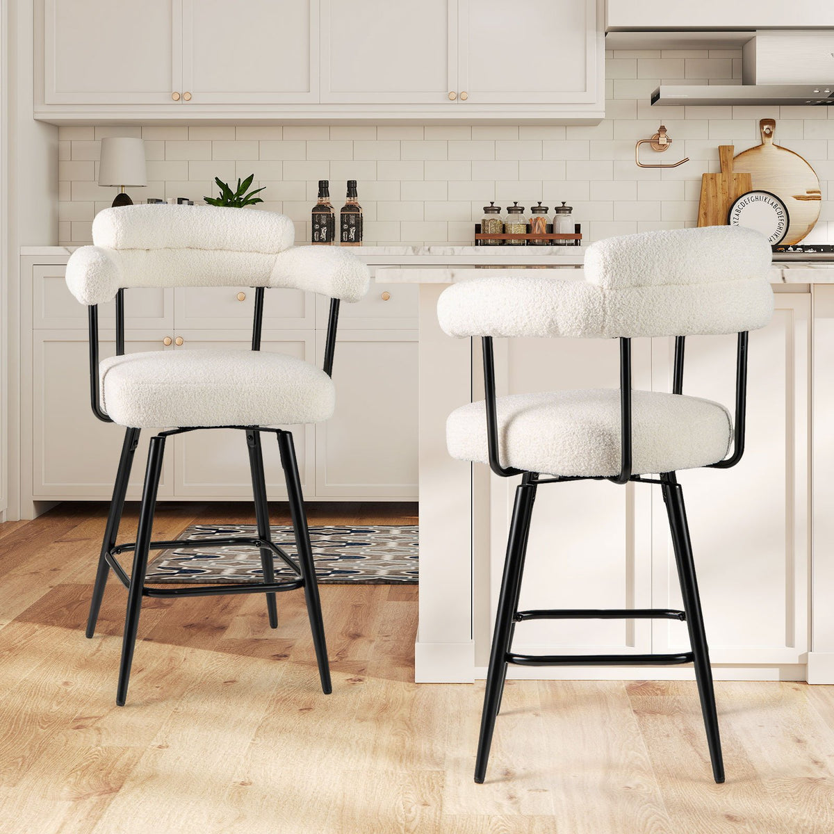Swivel Bar Stool Set of 2 Counter Height Chairs with Curved Back and Arms-White view 3