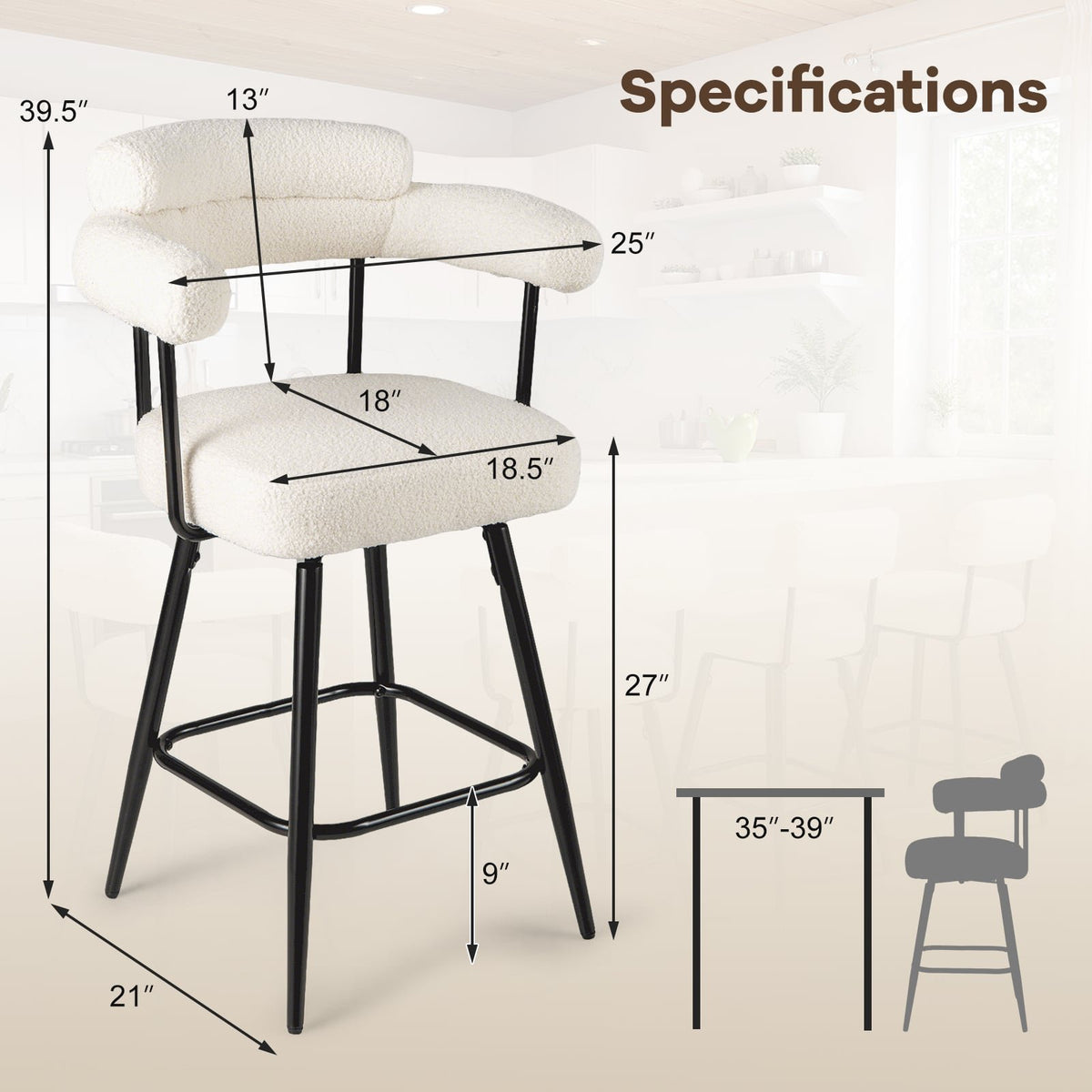 Swivel Bar Stool Set of 2 Counter Height Chairs with Curved Back and Arms-White view 4