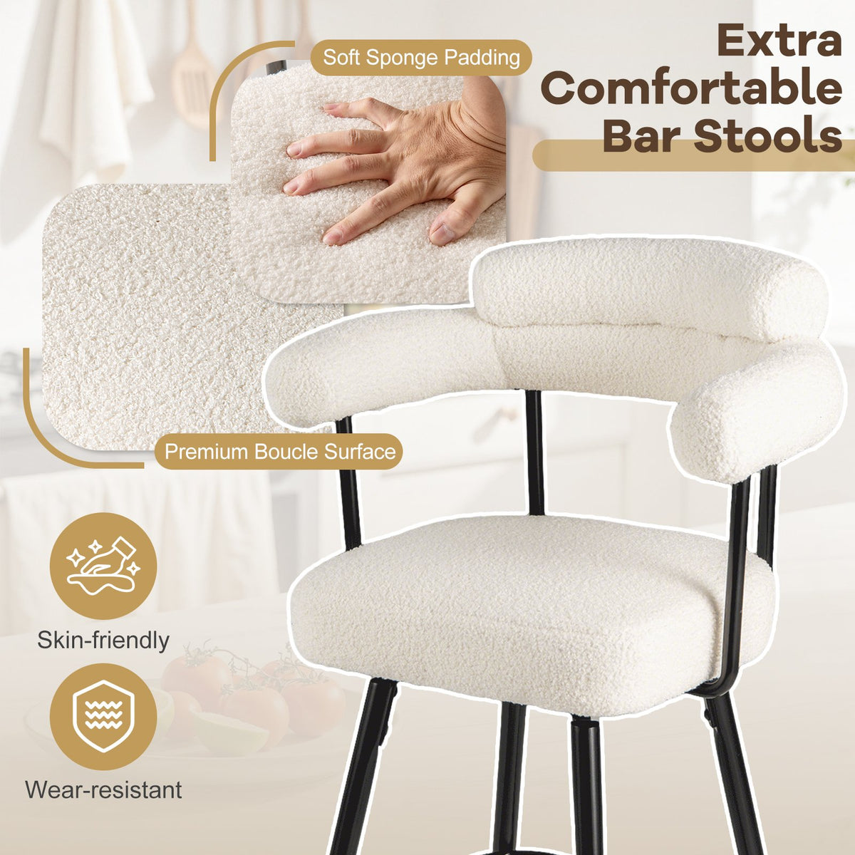 Swivel Bar Stool Set of 2 Counter Height Chairs with Curved Back and Arms-White view 5