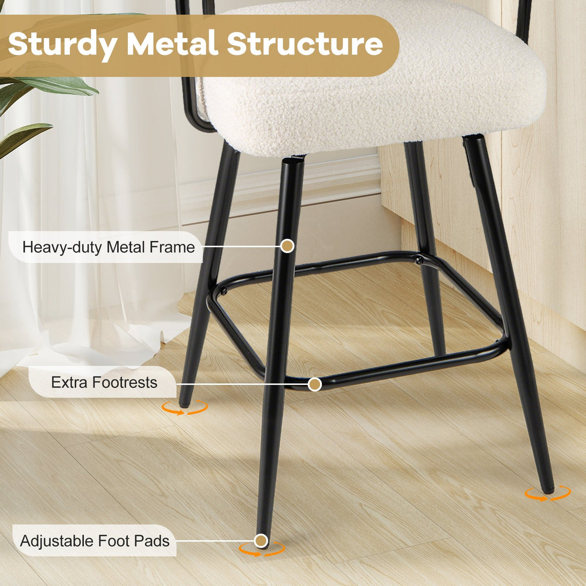 Swivel Bar Stool Set of 2 Counter Height Chairs with Curved Back and Arms-White view 6