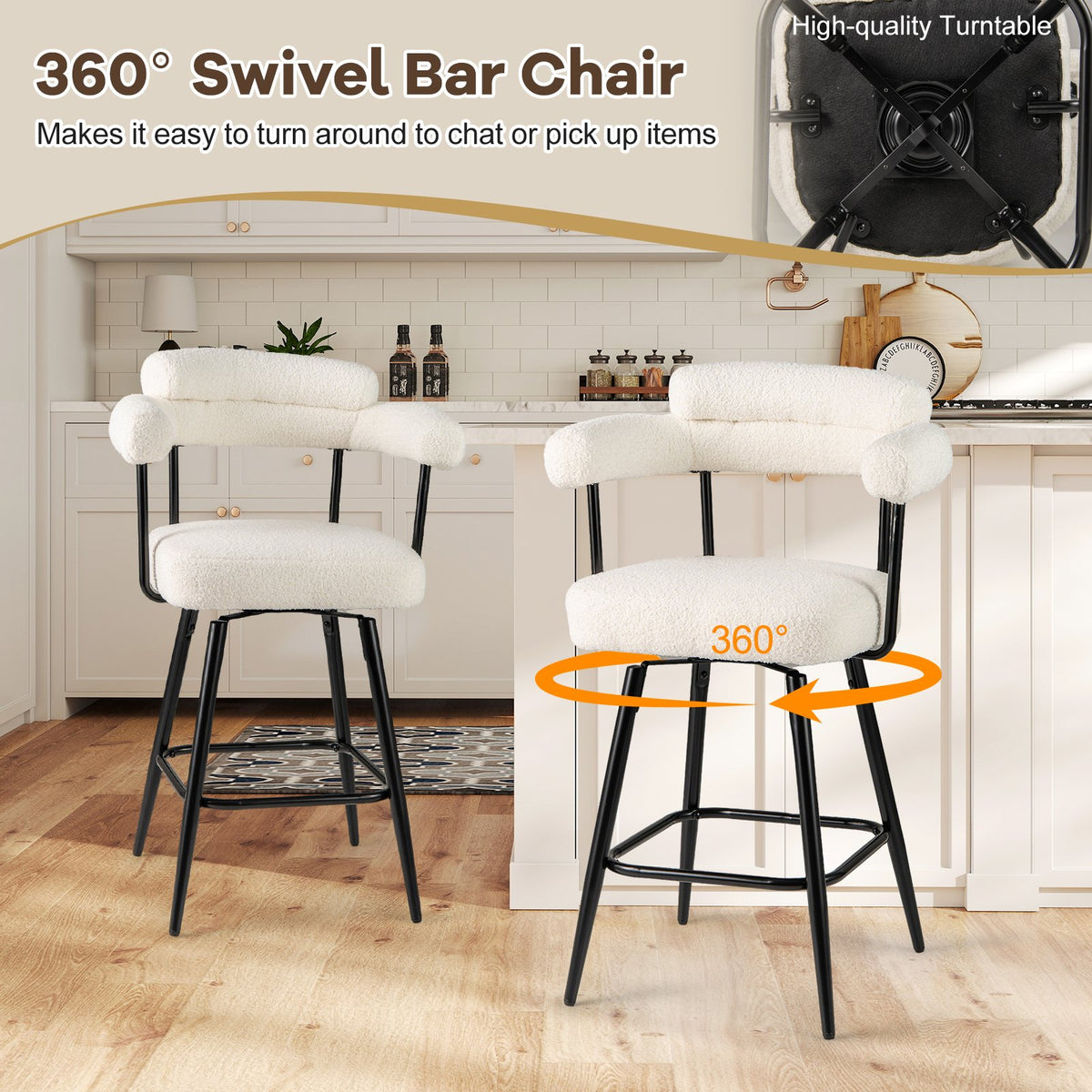 Swivel Bar Stool Set of 2 Counter Height Chairs with Curved Back and Arms-White view 7