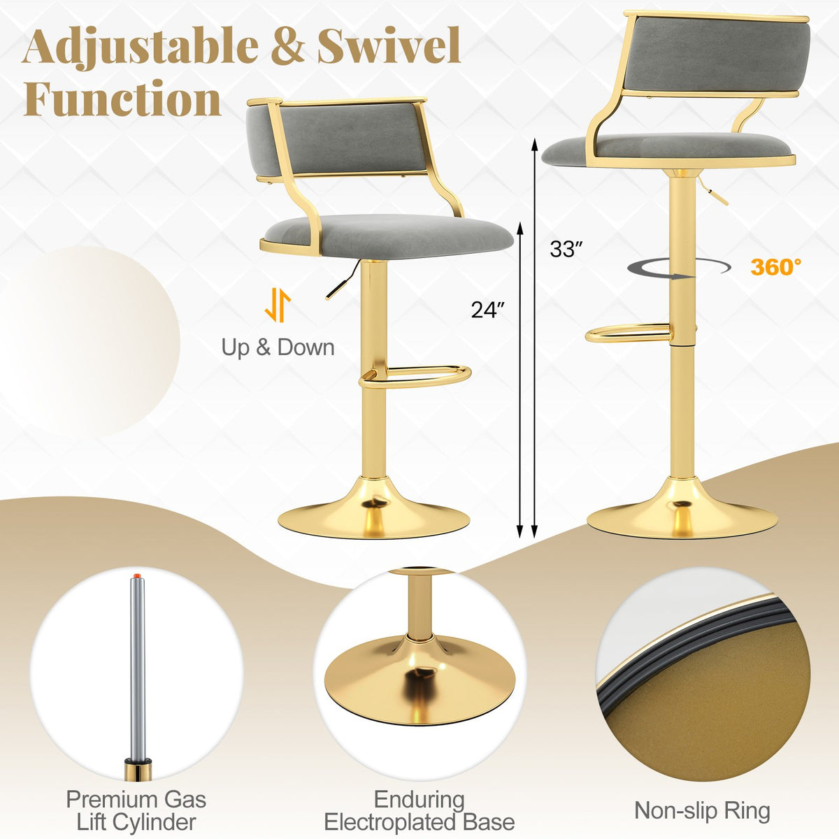 Swivel Bar Stool Set of 2 Dutch Velvet Height Adjustable Island Stools-Grey view 6