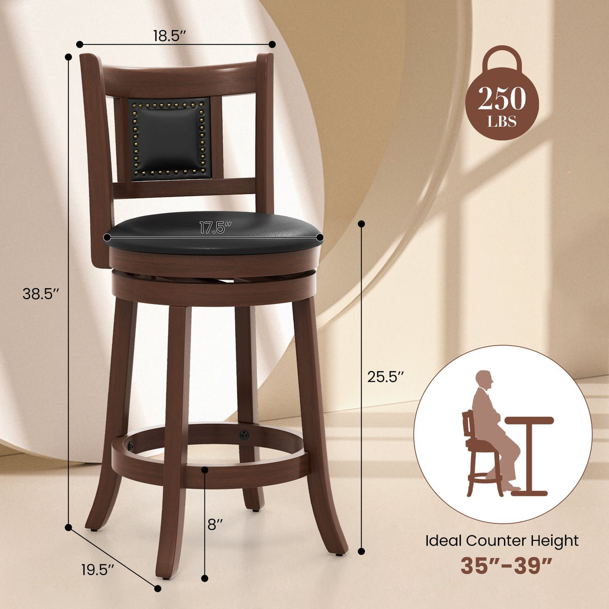 25.5 Inch/30.5 Inch Upholstered Bar Stools Set of 2 with Curved Backrest and Footrest-25.5 inches view 3