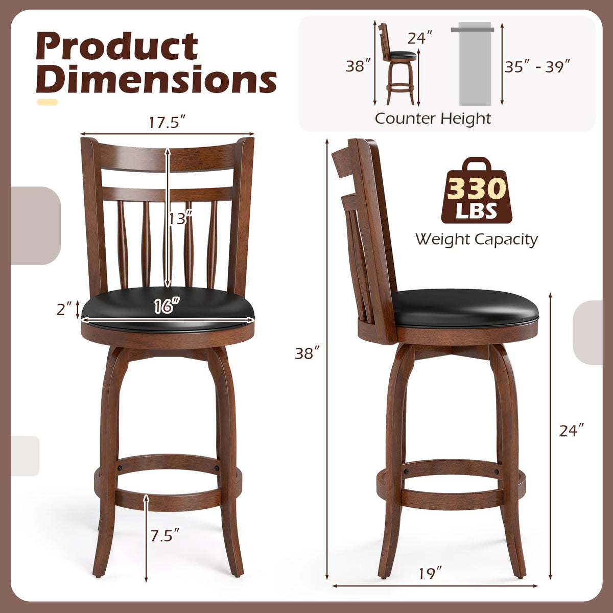 Swivel Bar Stools Set of 2 Counter Height Faux Leather Upholstered Barstools-24 Inches view 4