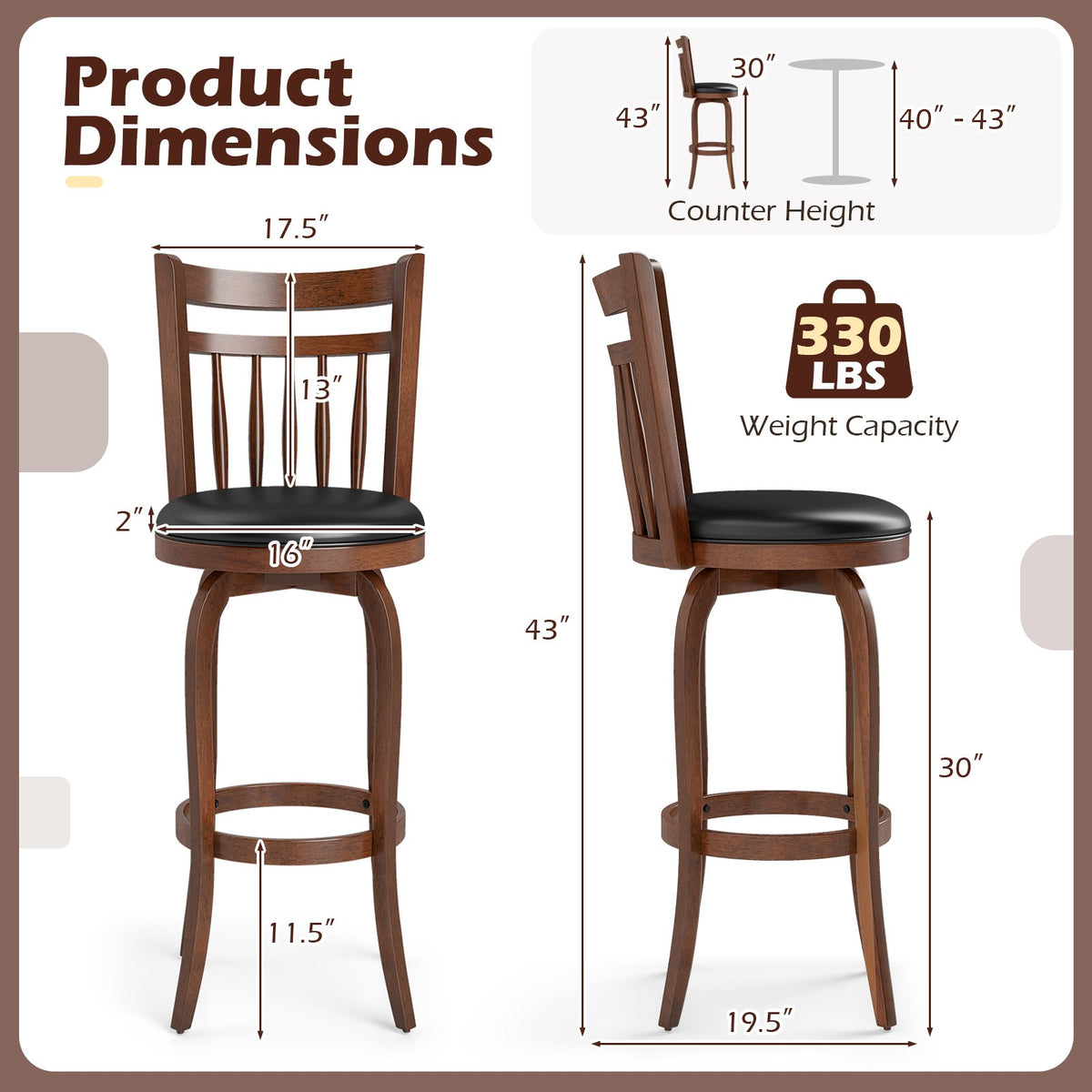 Swivel Bar Stools Set of 2 Counter Height Faux Leather Upholstered Barstools-29 Inhces view 4