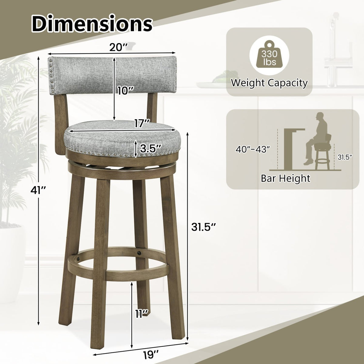Swivel Bar Stools Set of 2 Linen Fabric Upholstered Barstools with Back-31.5 Inches view 4
