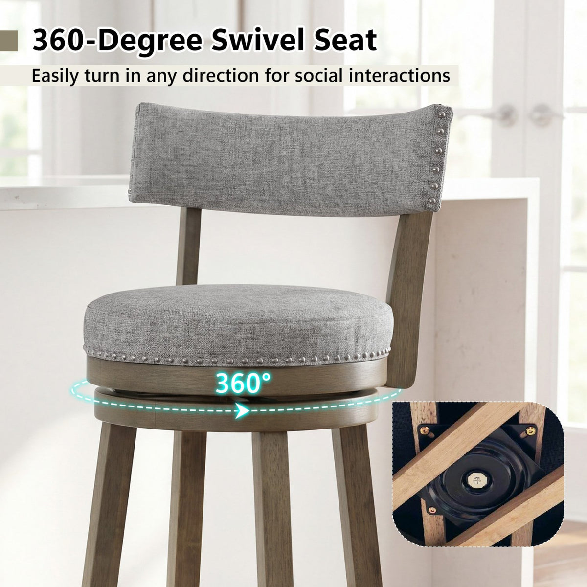 Swivel Bar Stools Set of 2 Linen Fabric Upholstered Barstools with Back-31.5 Inches view 6