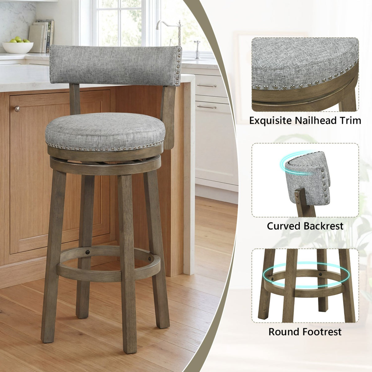 Swivel Bar Stools Set of 2 Linen Fabric Upholstered Barstools with Back-31.5 Inches view 8