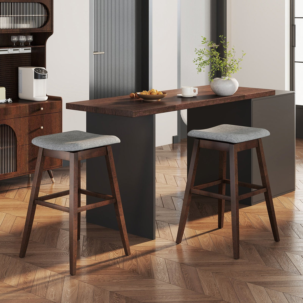 Swivel Bar Stools Set of 2 with Footrest and Rubber Wood Legs-Brown view 3