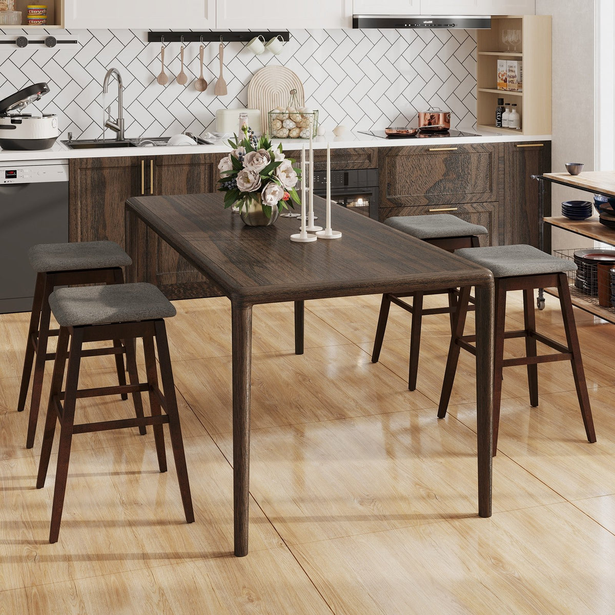 Swivel Bar Stools Set of 2 with Footrest and Rubber Wood Legs-Brown view 4