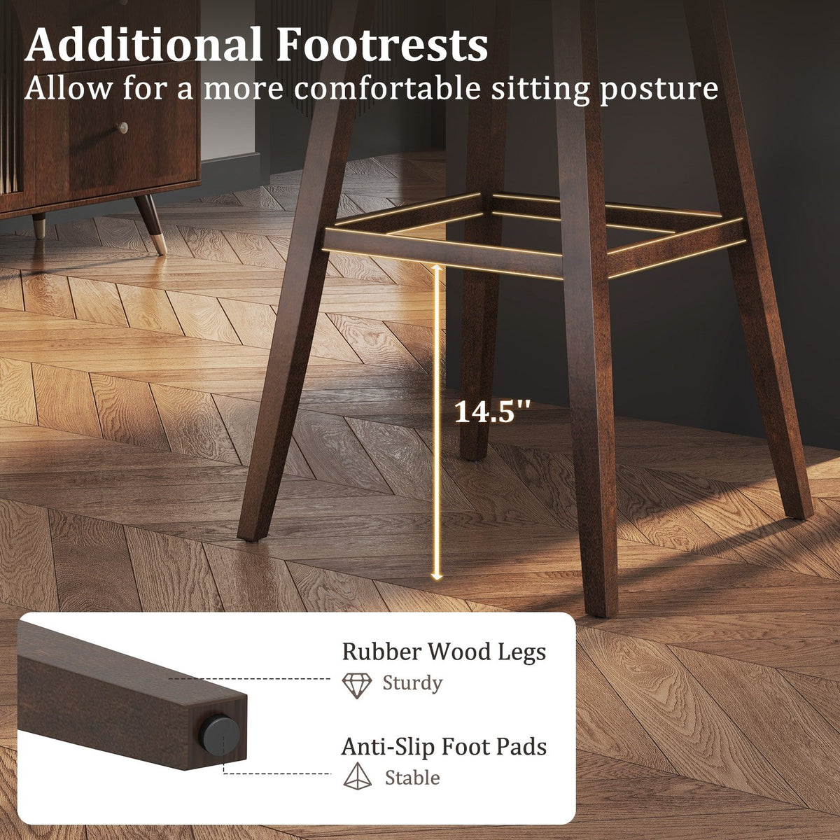 Swivel Bar Stools Set of 2 with Footrest and Rubber Wood Legs-Brown view 5