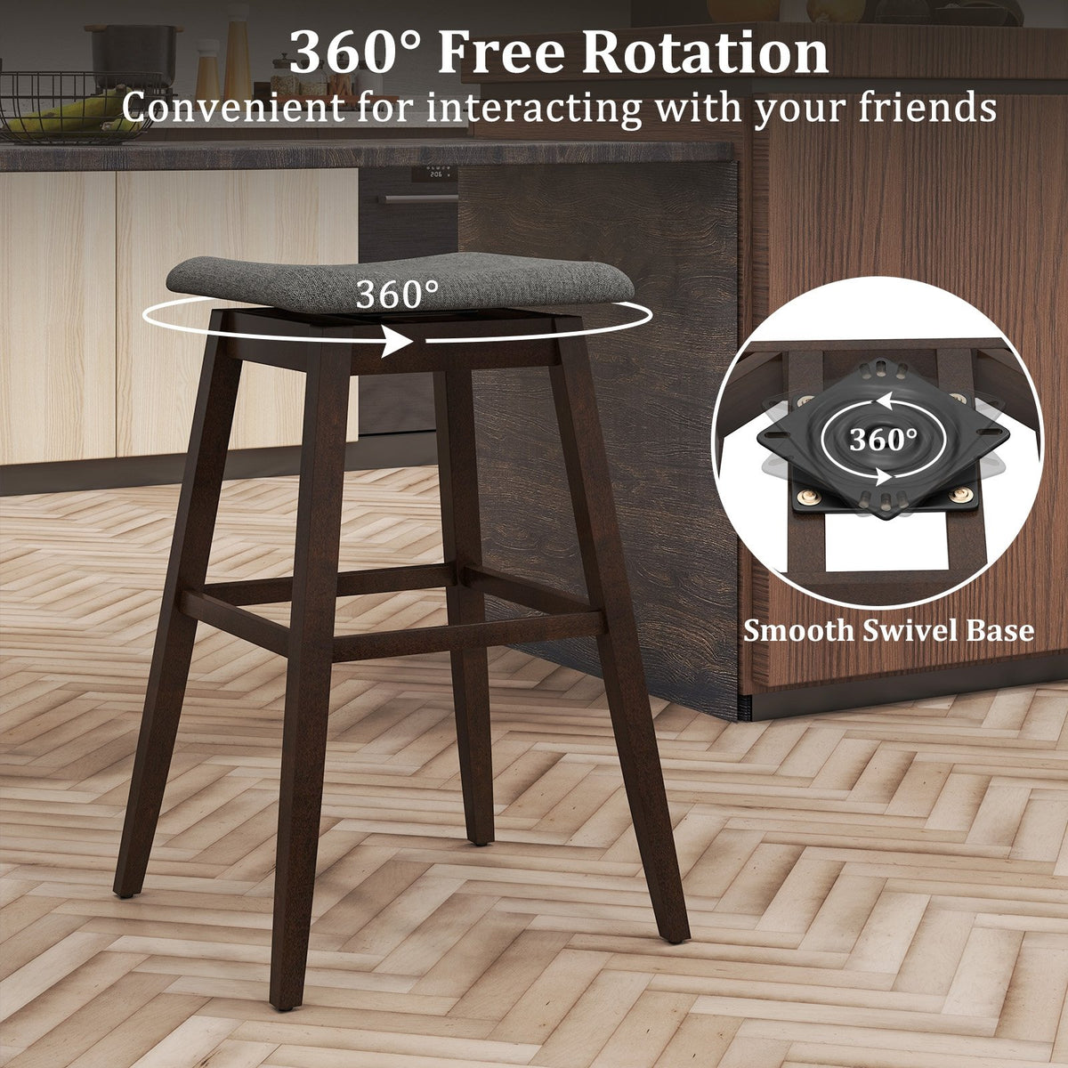 Swivel Bar Stools Set of 2 with Footrest and Rubber Wood Legs-Brown view 6