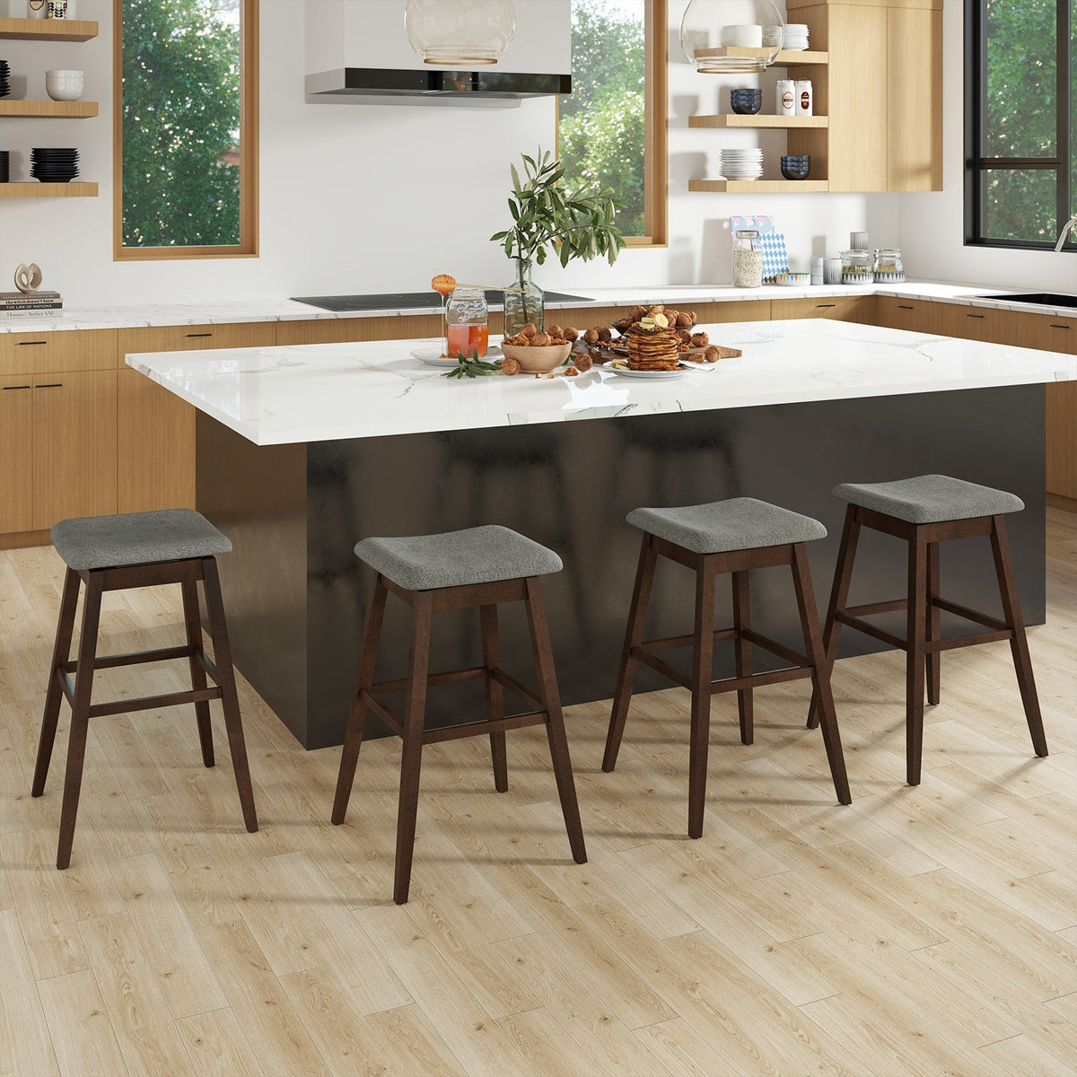 Swivel Bar Stools Set of 2 with Footrest and Rubber Wood Legs-Brown view 7