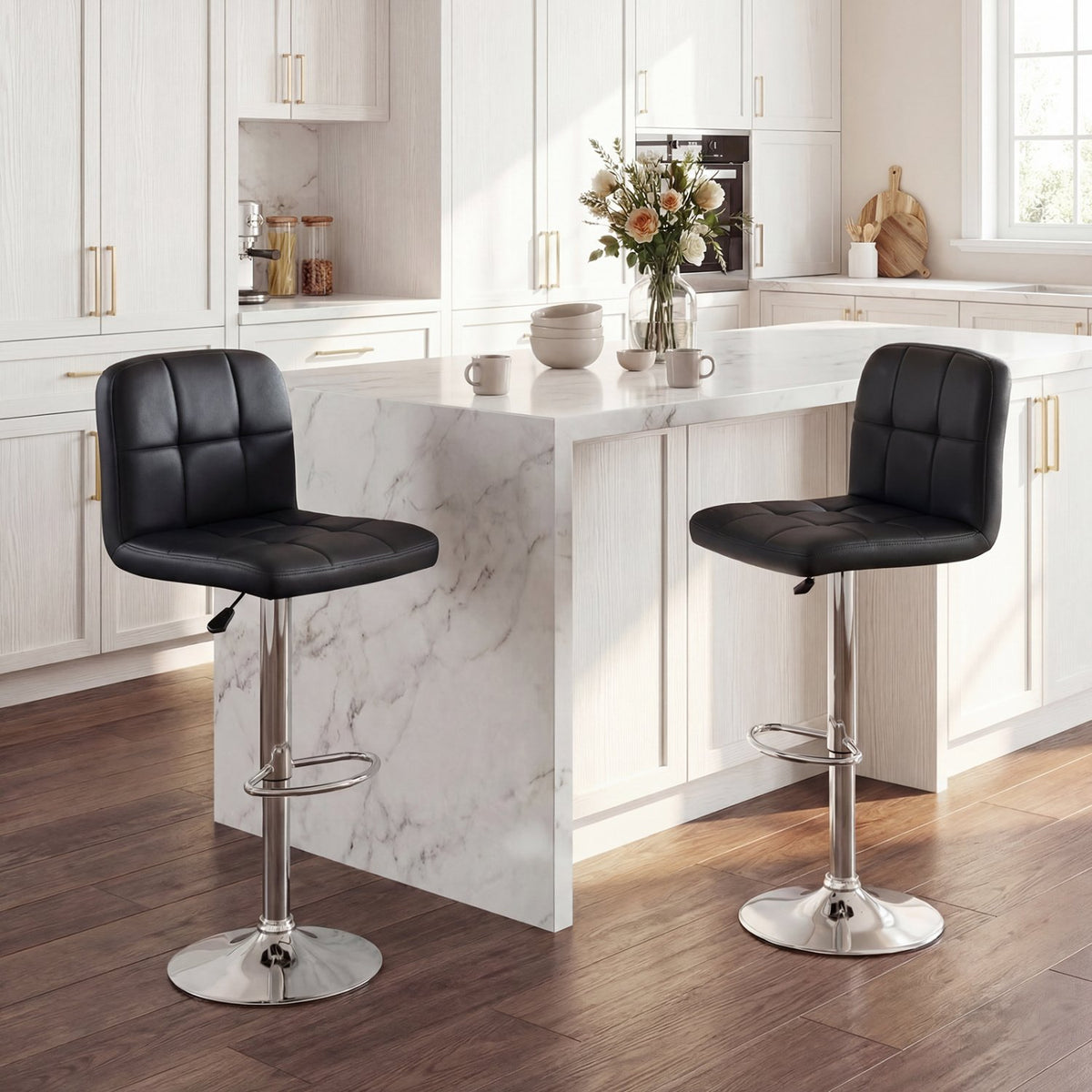 Swivel Bar Stools Set of 2 with Footrests and Metal Base-Black view 2