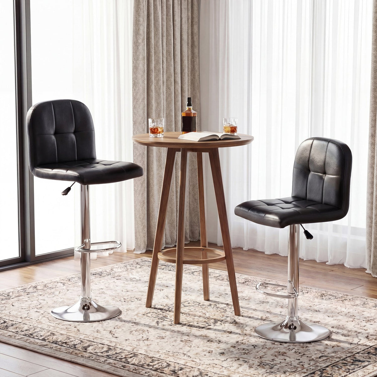 Swivel Bar Stools Set of 2 with Footrests and Metal Base-Black view 3