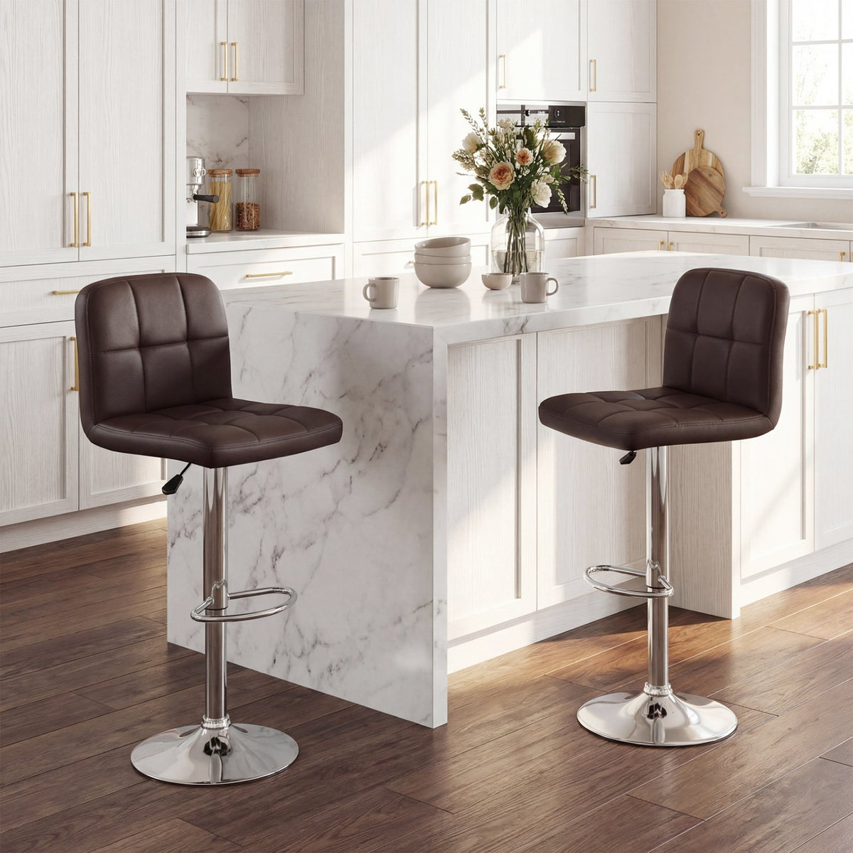 Swivel Bar Stools Set of 2 with Footrests and Metal Base-Brown view 3