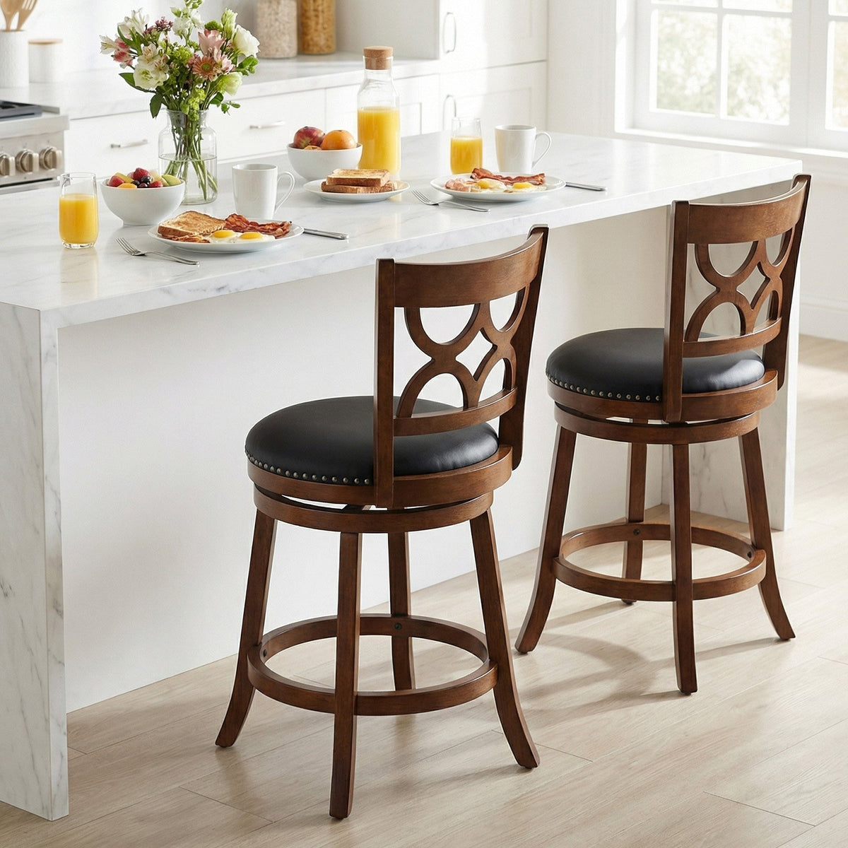 Swivel Bar Stools Set of 2 with High Backrest and Wood Frame-24 Inches view 2