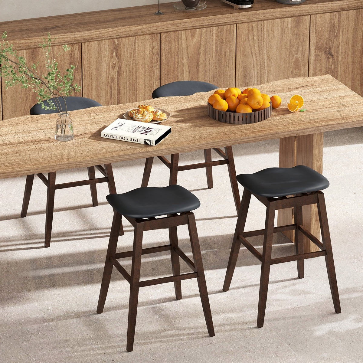 Swivel Bar Stools Set of 2 with Padded Contoured Seat and Footrest-Black & Brown view 3
