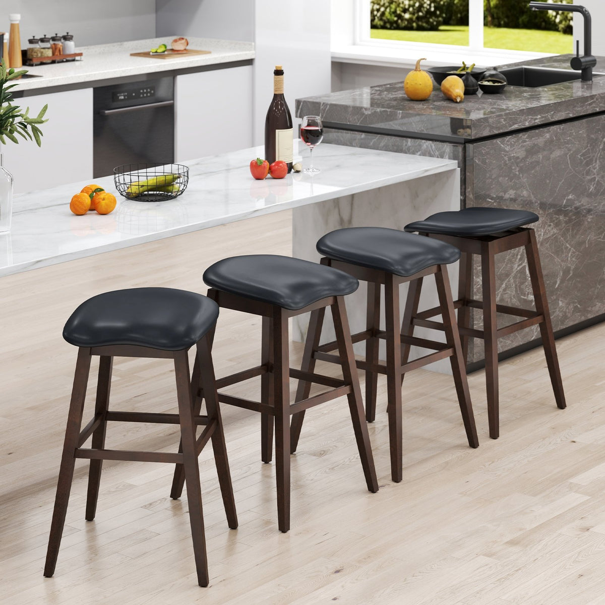 Swivel Bar Stools Set of 2 with Padded Contoured Seat and Footrest-Black & Brown view 5