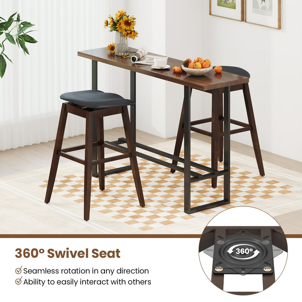 Swivel Bar Stools Set of 2 with Padded Contoured Seat and Footrest-Black & Brown view 6