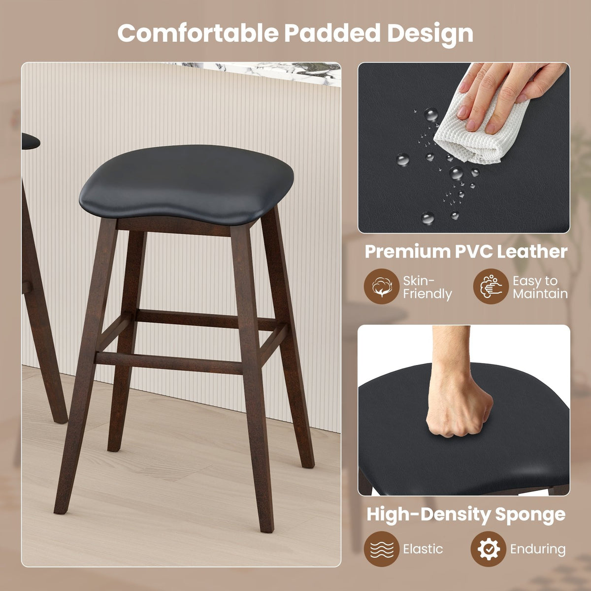 Swivel Bar Stools Set of 2 with Padded Contoured Seat and Footrest-Black & Brown view 8