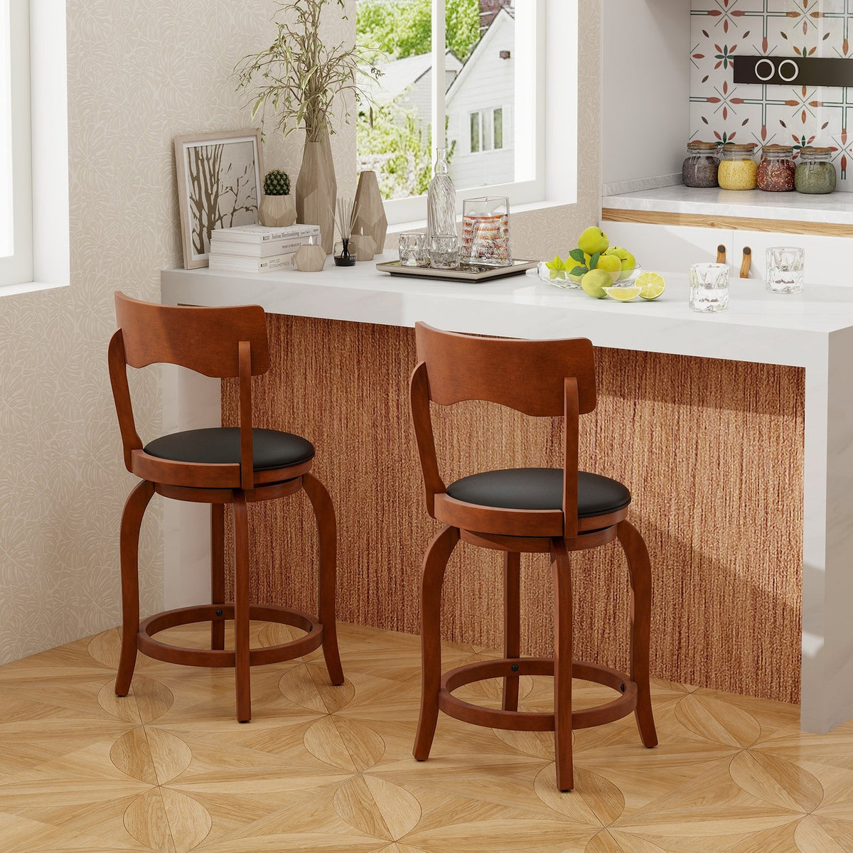 Swivel Bar Stools Set of 2 with Rubber Wood Frame and Upholstered Seat-24 Inch view 2