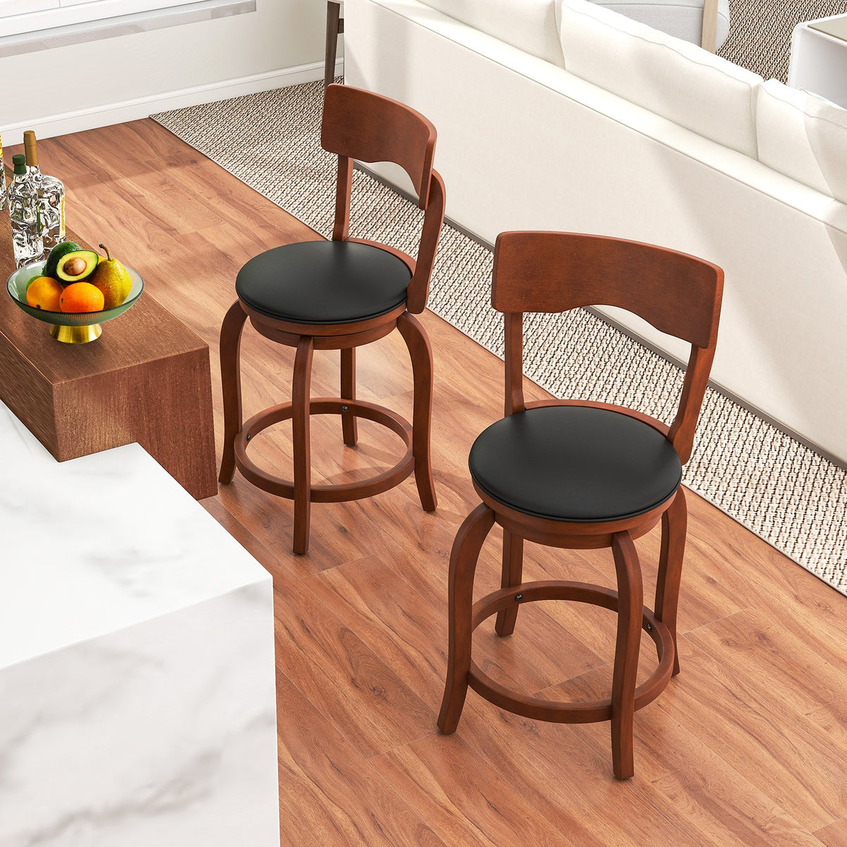 Swivel Bar Stools Set of 2 with Rubber Wood Frame and Upholstered Seat-24 Inch view 3