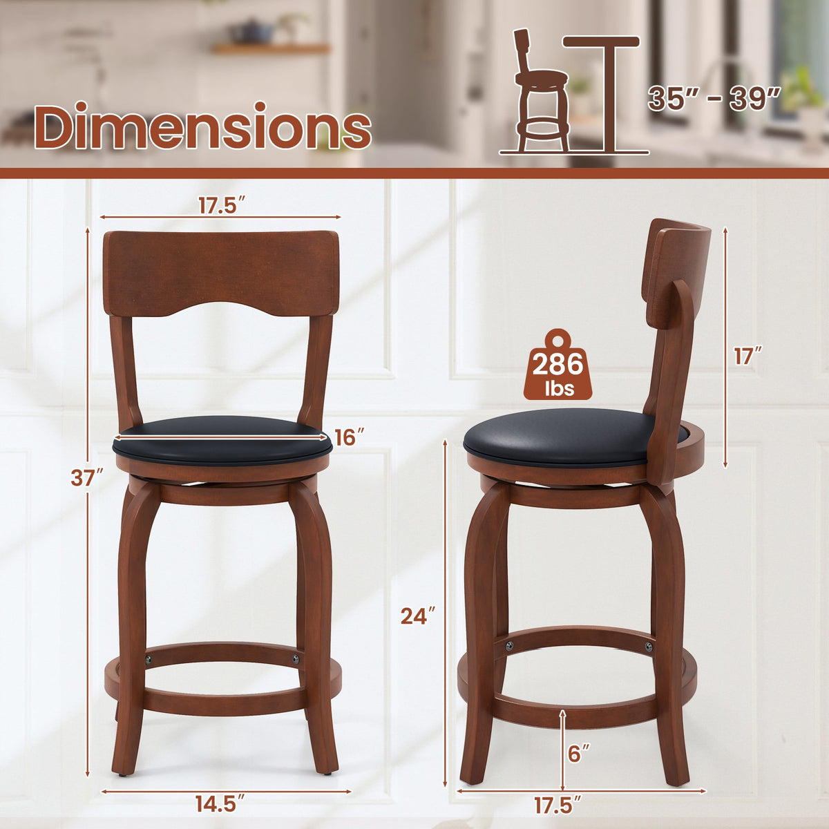 Swivel Bar Stools Set of 2 with Rubber Wood Frame and Upholstered Seat-24 Inch view 4
