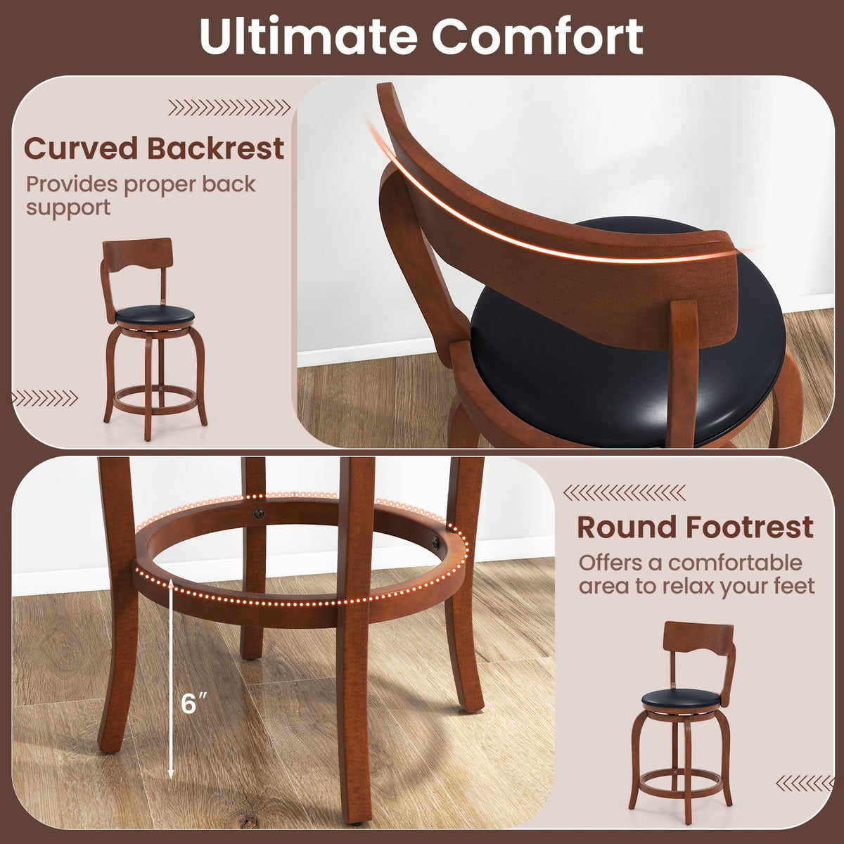 Swivel Bar Stools Set of 2 with Rubber Wood Frame and Upholstered Seat-24 Inch view 7