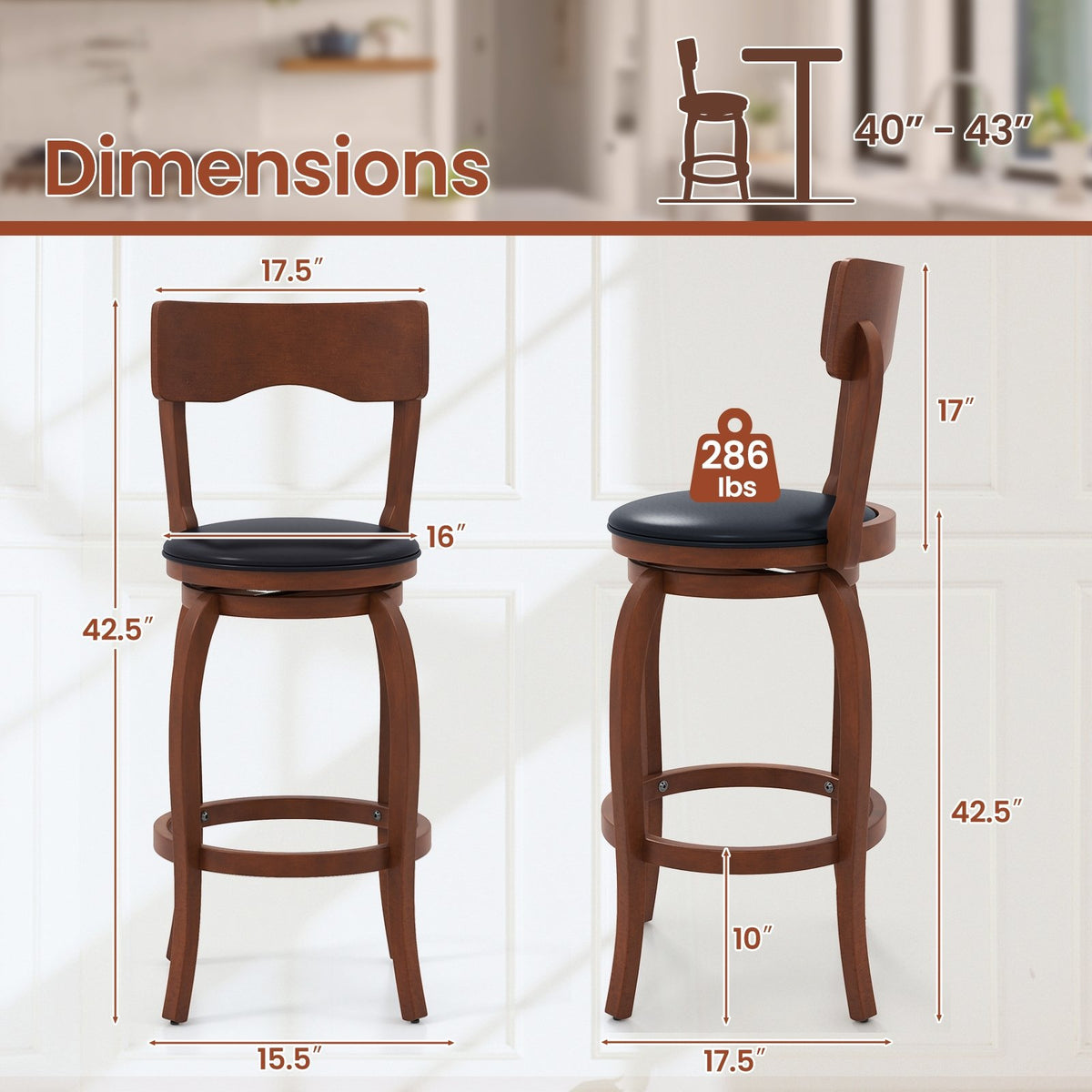 Swivel Bar Stools Set of 2 with Rubber Wood Frame and Upholstered Seat-29 Inch view 4