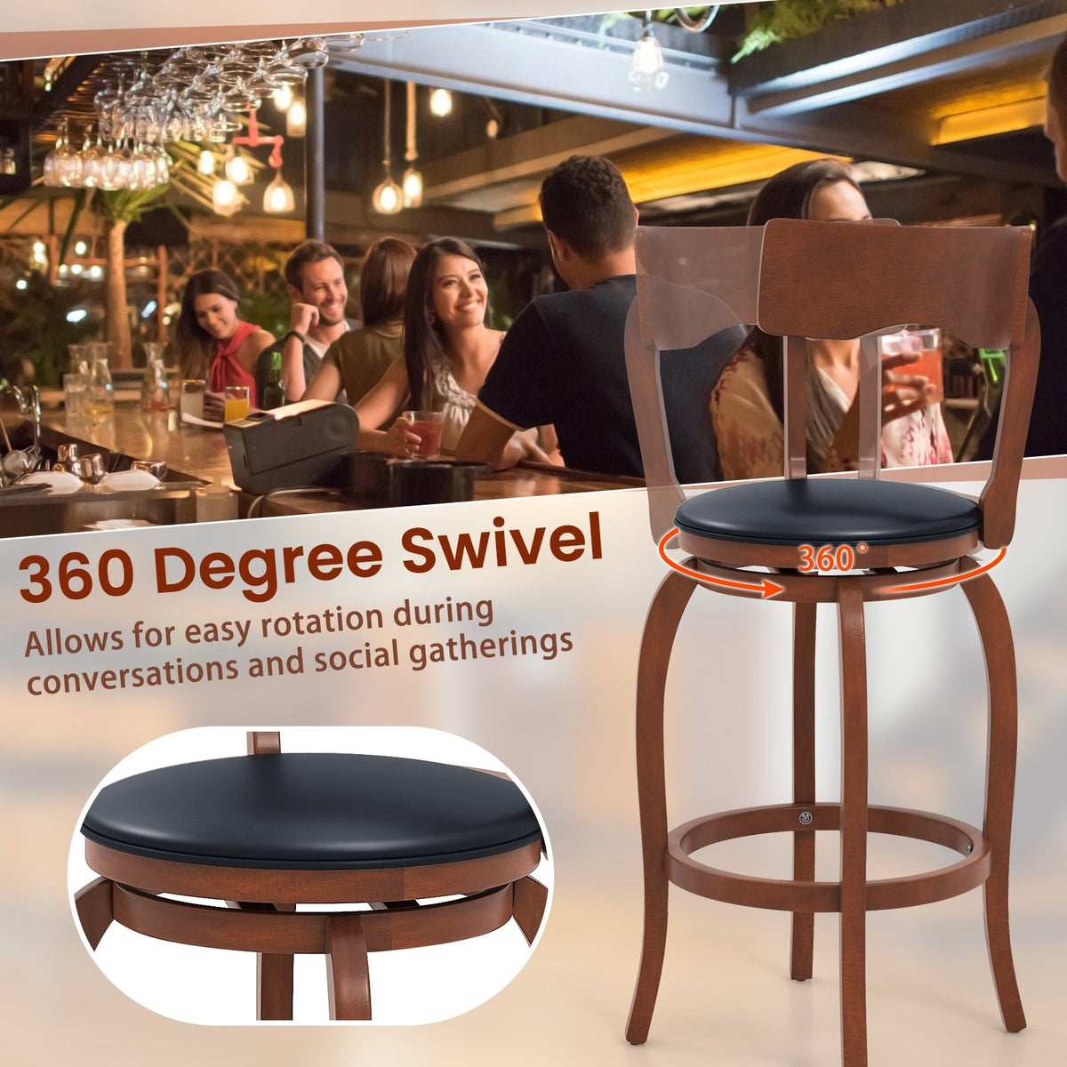 Swivel Bar Stools Set of 2 with Rubber Wood Frame and Upholstered Seat-29 Inch view 5