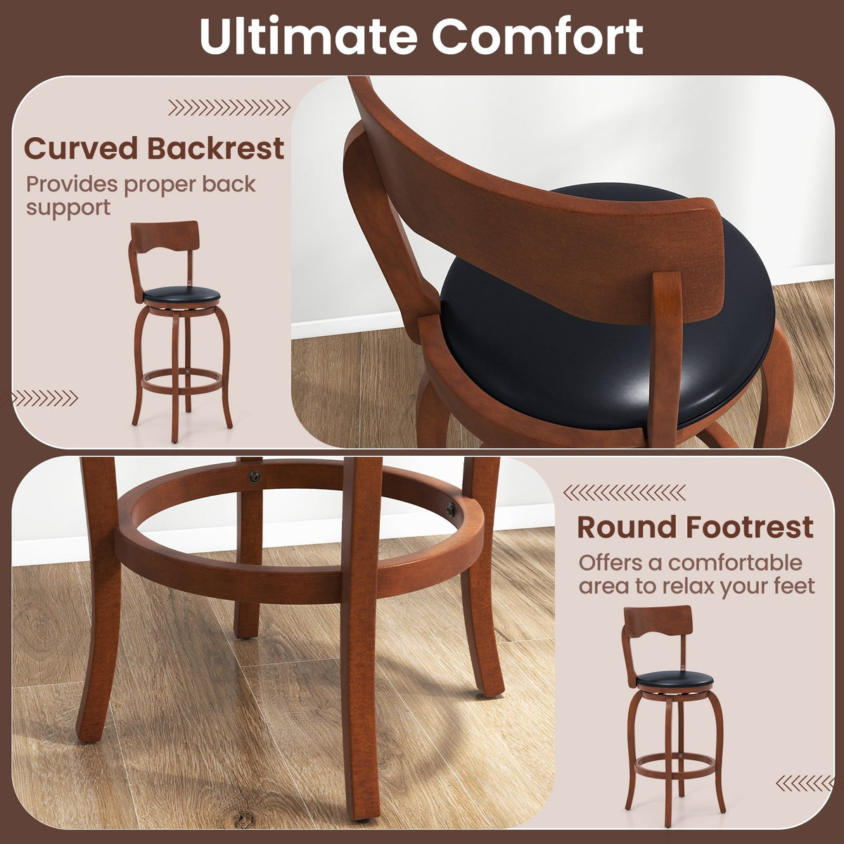 Swivel Bar Stools Set of 2 with Rubber Wood Frame and Upholstered Seat-29 Inch view 6