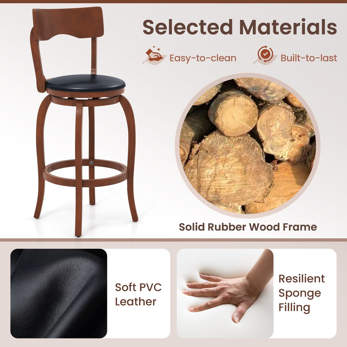 Swivel Bar Stools Set of 2 with Rubber Wood Frame and Upholstered Seat-29 Inch view 7