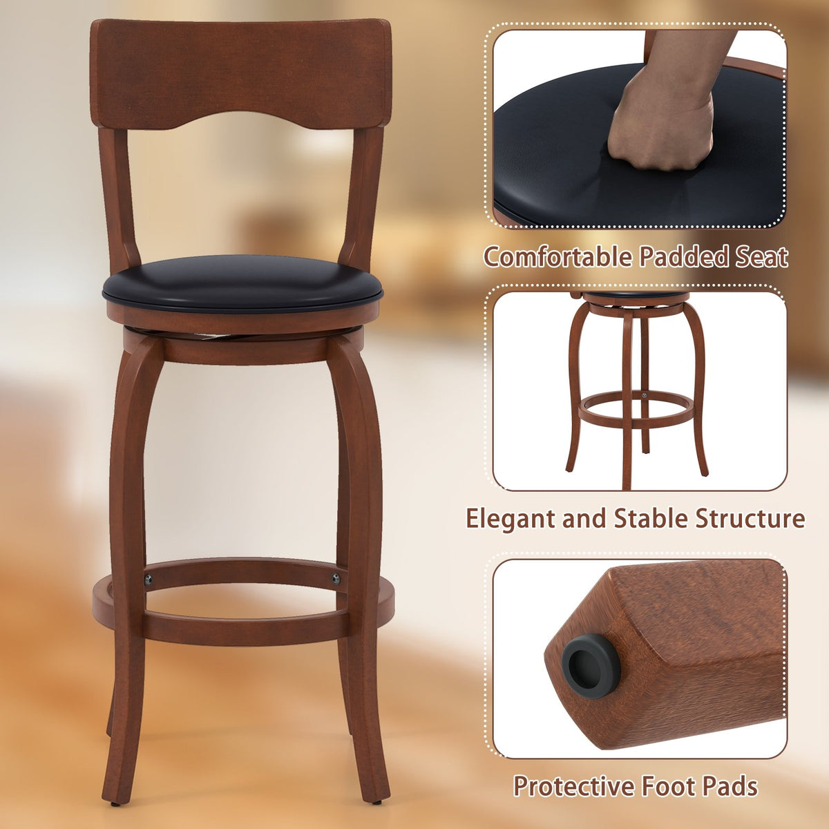 Swivel Bar Stools Set of 2 with Rubber Wood Frame and Upholstered Seat-29 Inch view 8