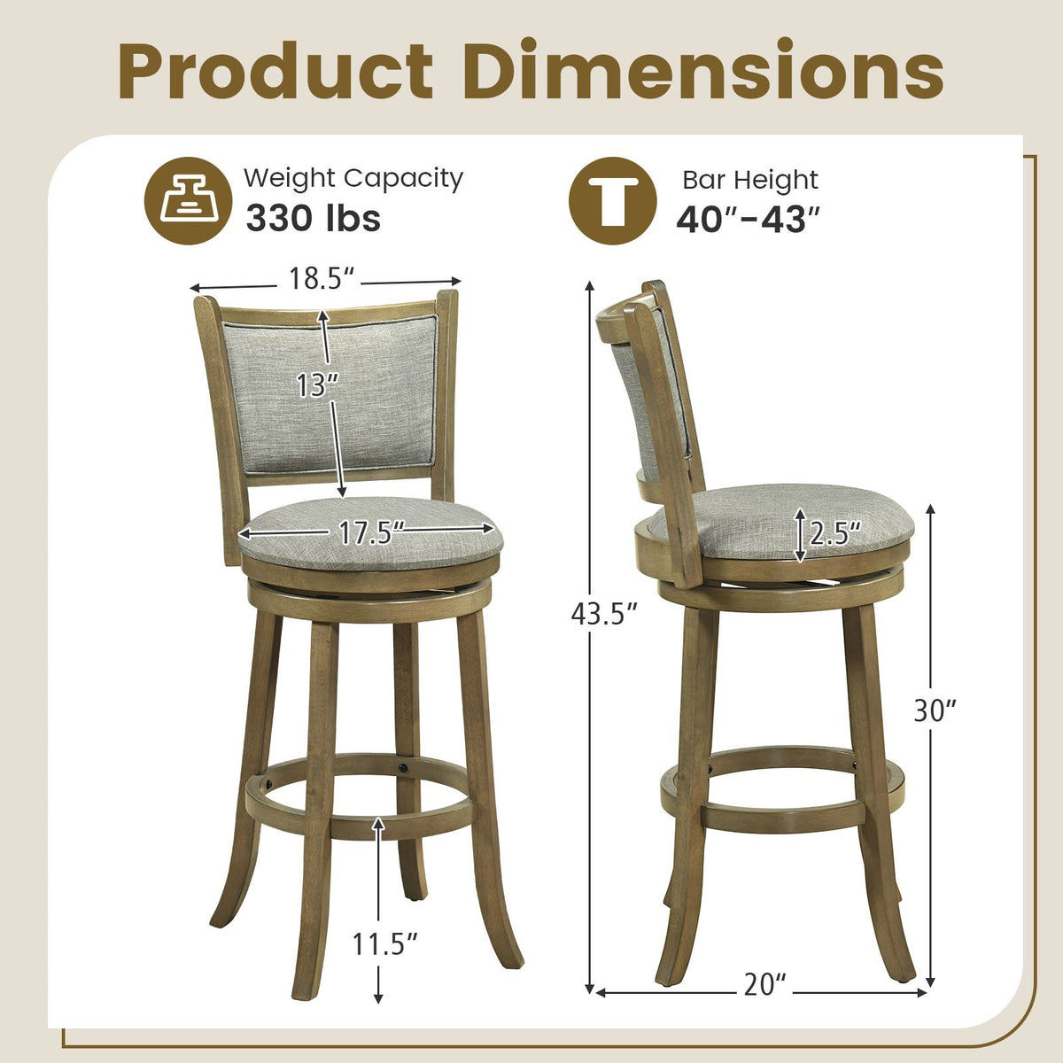 Swivel Bar Stools Set of 2 with Soft-padded Back and Seat-L view 4