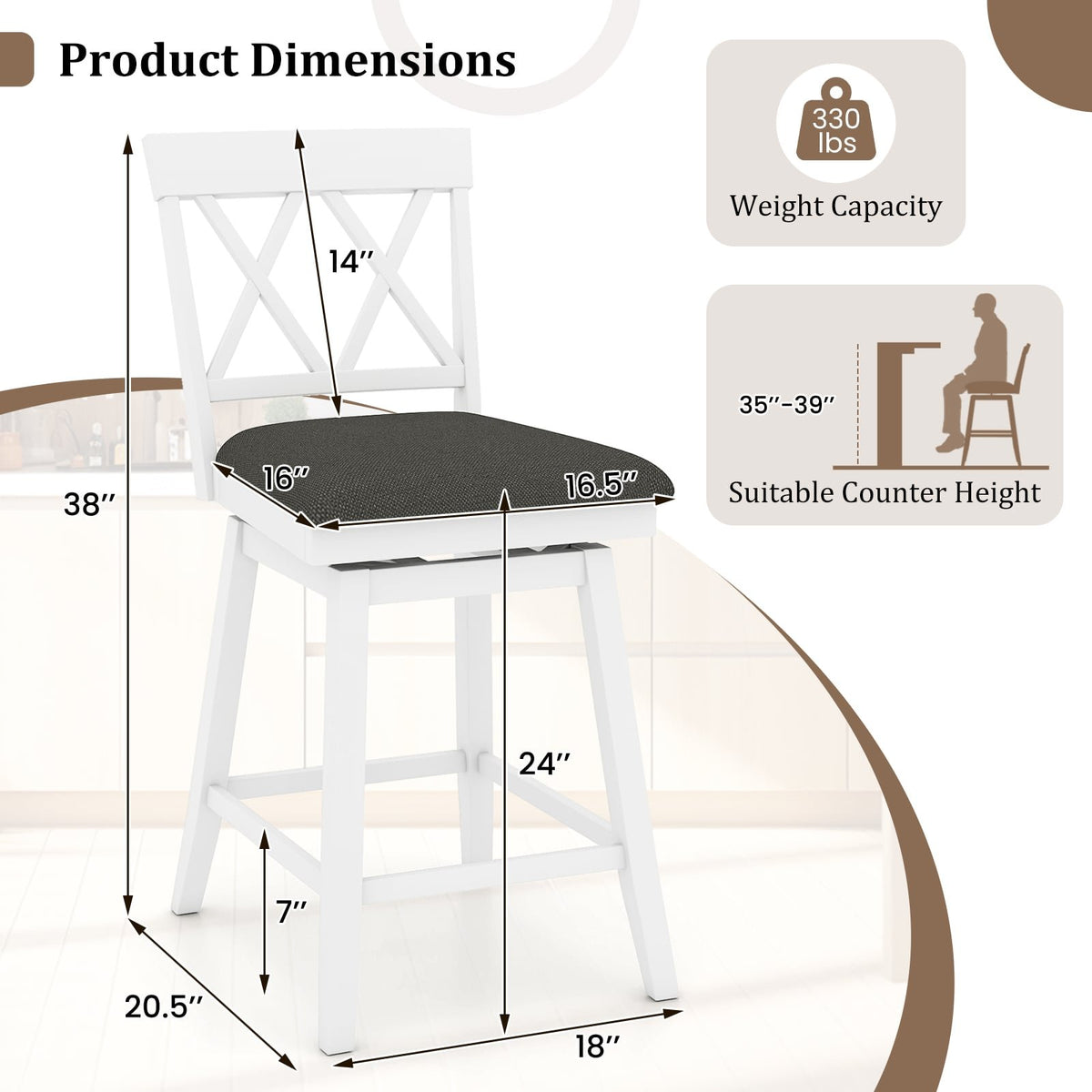 Swivel Bar Stools Set of 4 Counter Height Barstools with Backrest Upholstered Seat Cushion-24 inches view 4