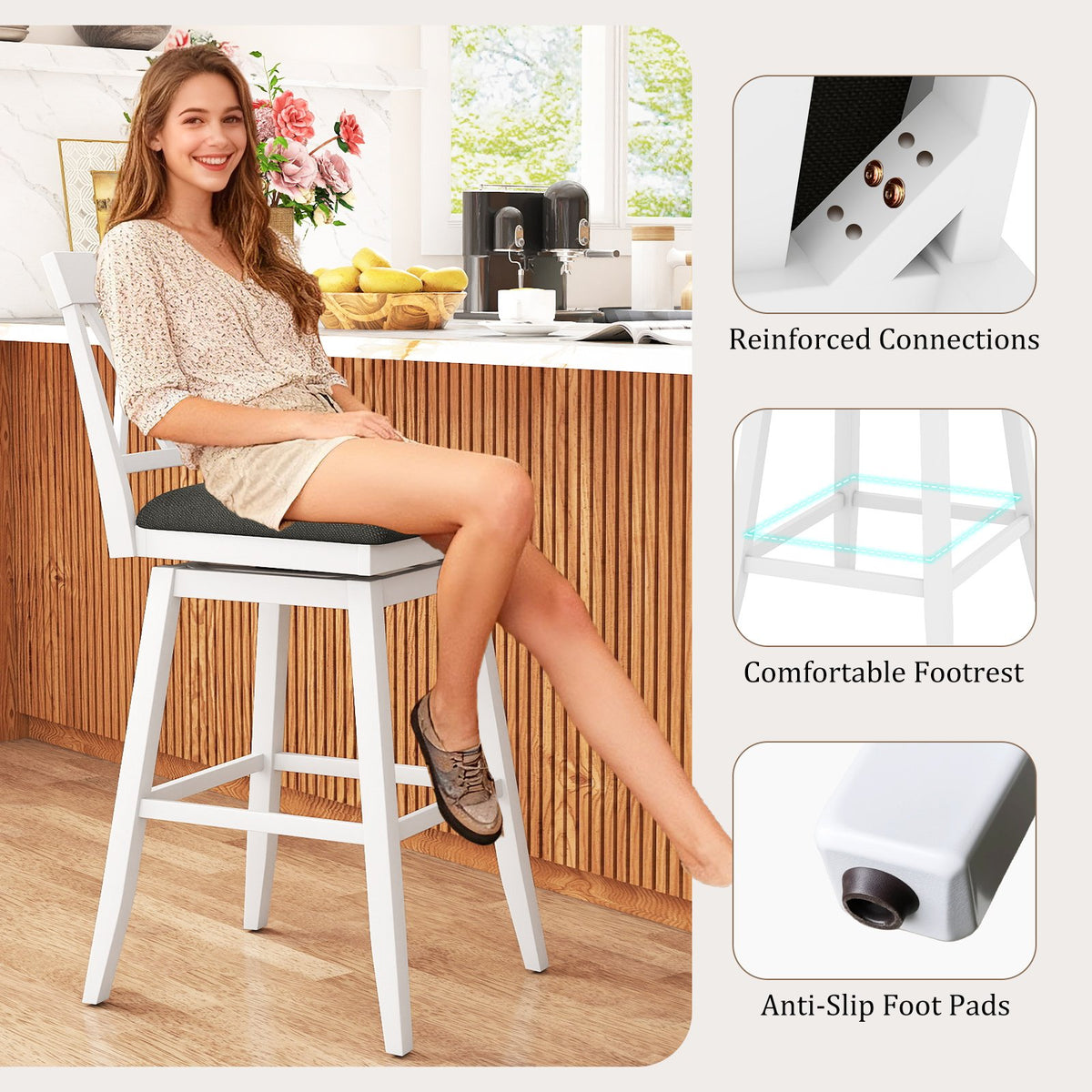 Swivel Bar Stools Set of 4 Counter Height Barstools with Backrest Upholstered Seat Cushion-29 Inches view 9
