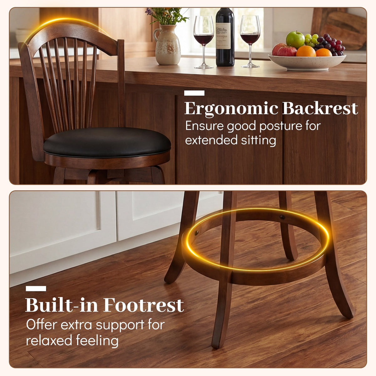 Swivel Bar Stools with Backrests and Wood Frame for Kitchen Island-24 Inch view 8