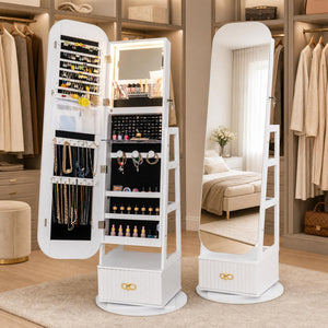 Swivel Jewelry Cabinet with Full-Length Mirror and LED Lights and Storage Shelves-White view 2