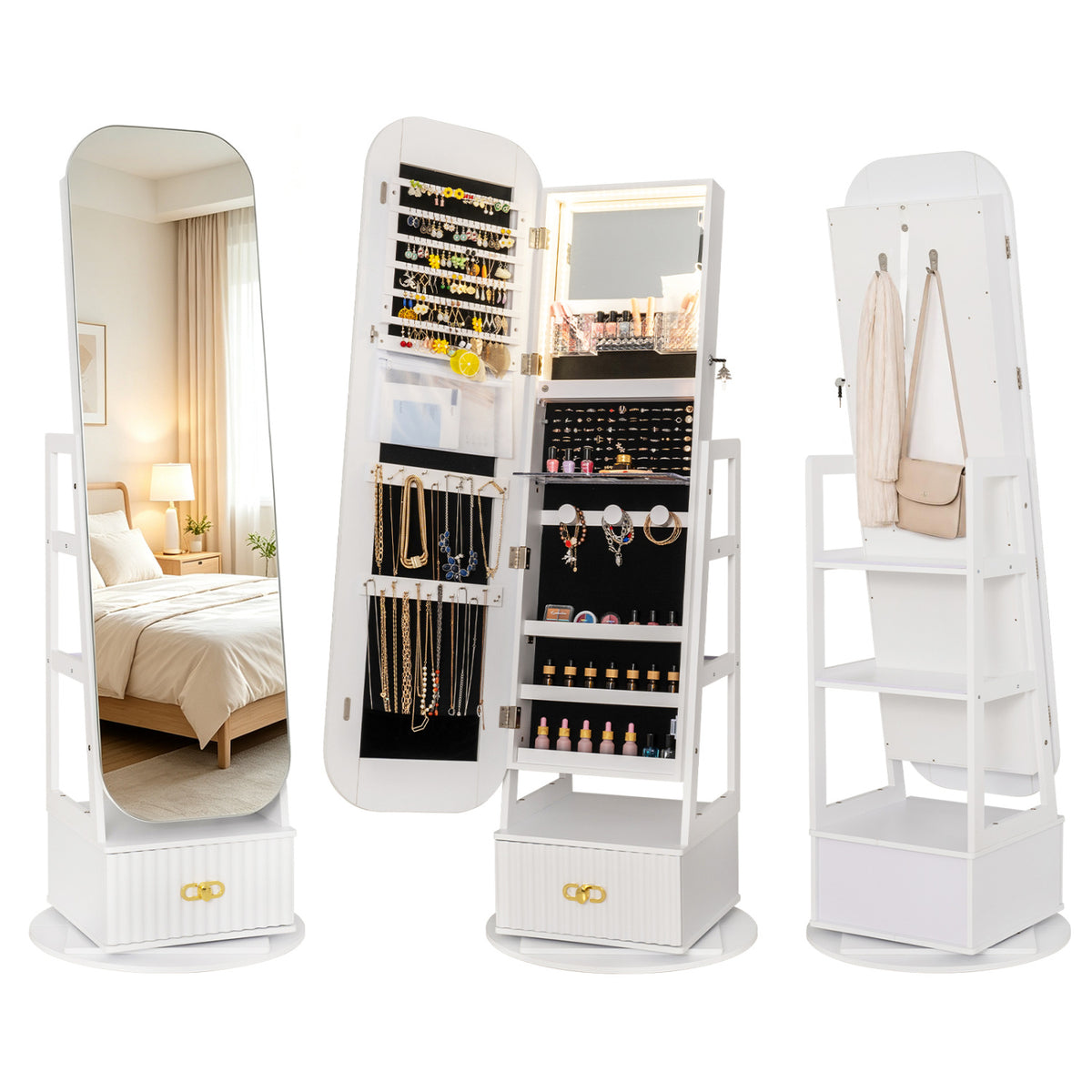 Swivel Jewelry Cabinet with Full-Length Mirror and LED Lights and Storage Shelves-White view 4