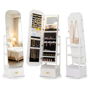 Swivel Jewelry Cabinet with Full-Length Mirror and LED Lights and Storage Shelves-White view 4