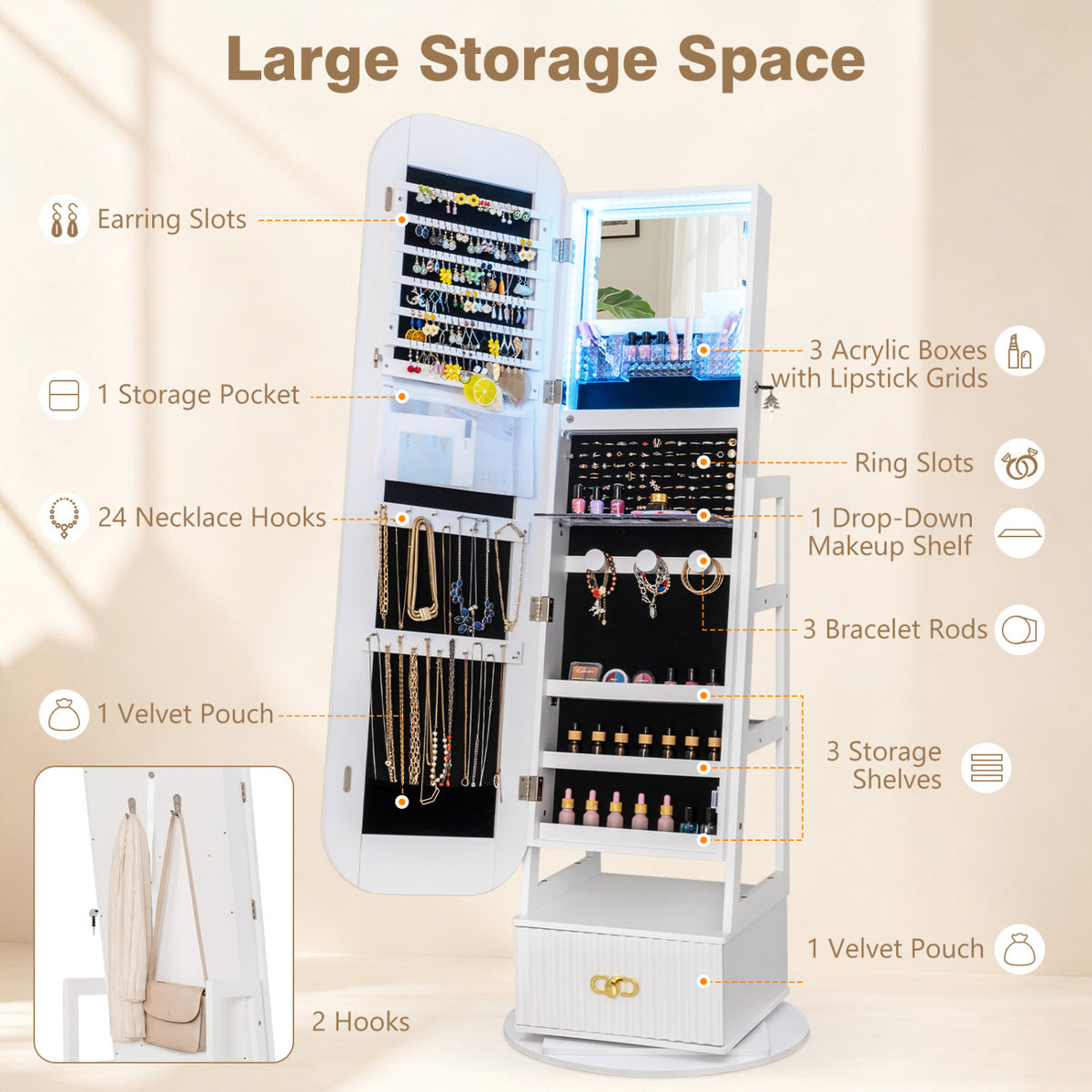Swivel Jewelry Cabinet with Full-Length Mirror and LED Lights and Storage Shelves-White view 6