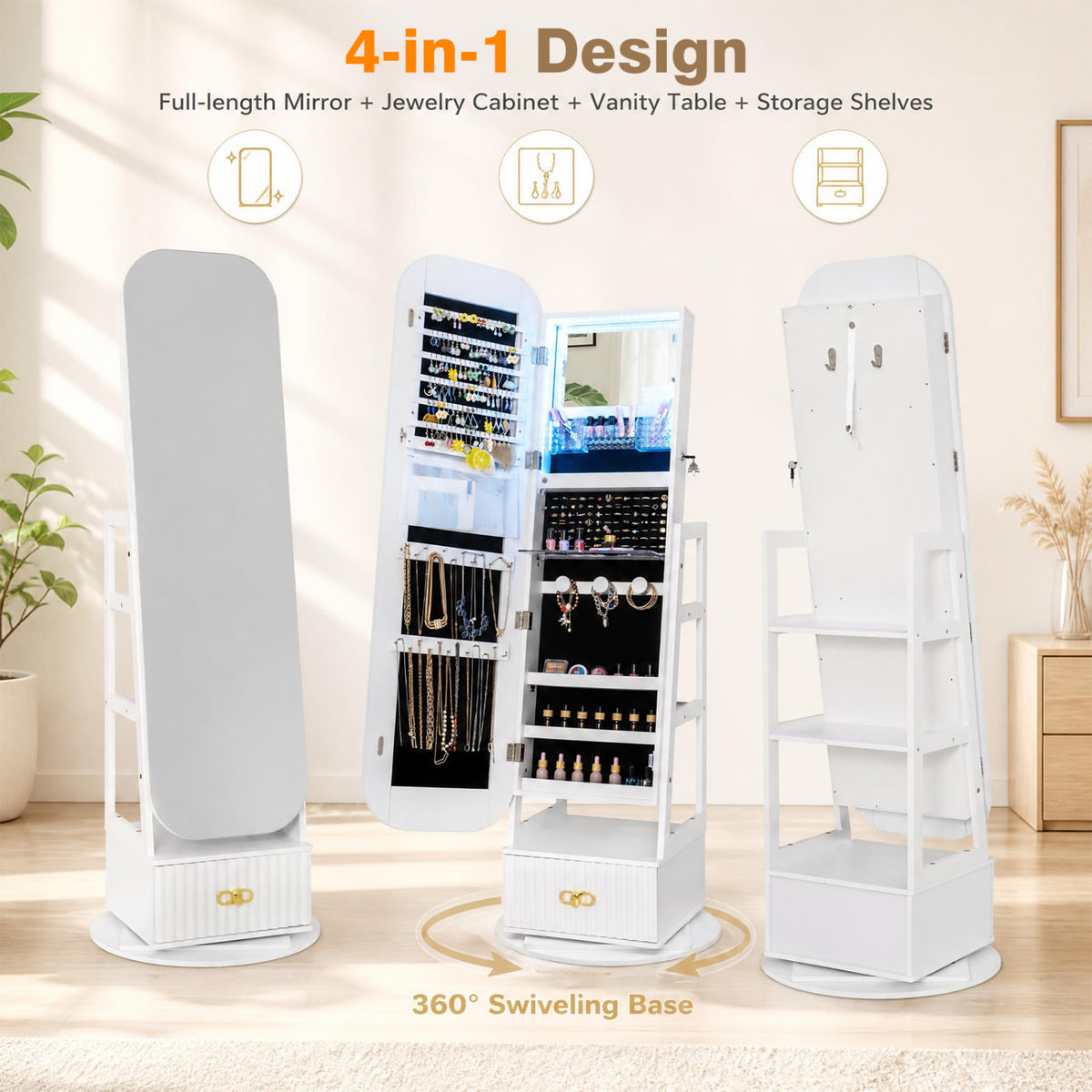 Swivel Jewelry Cabinet with Full-Length Mirror and LED Lights and Storage Shelves-White view 7